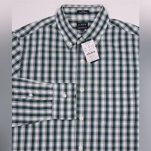 J. Crew Men's Untucked Performance Green and White Plaid Shirt